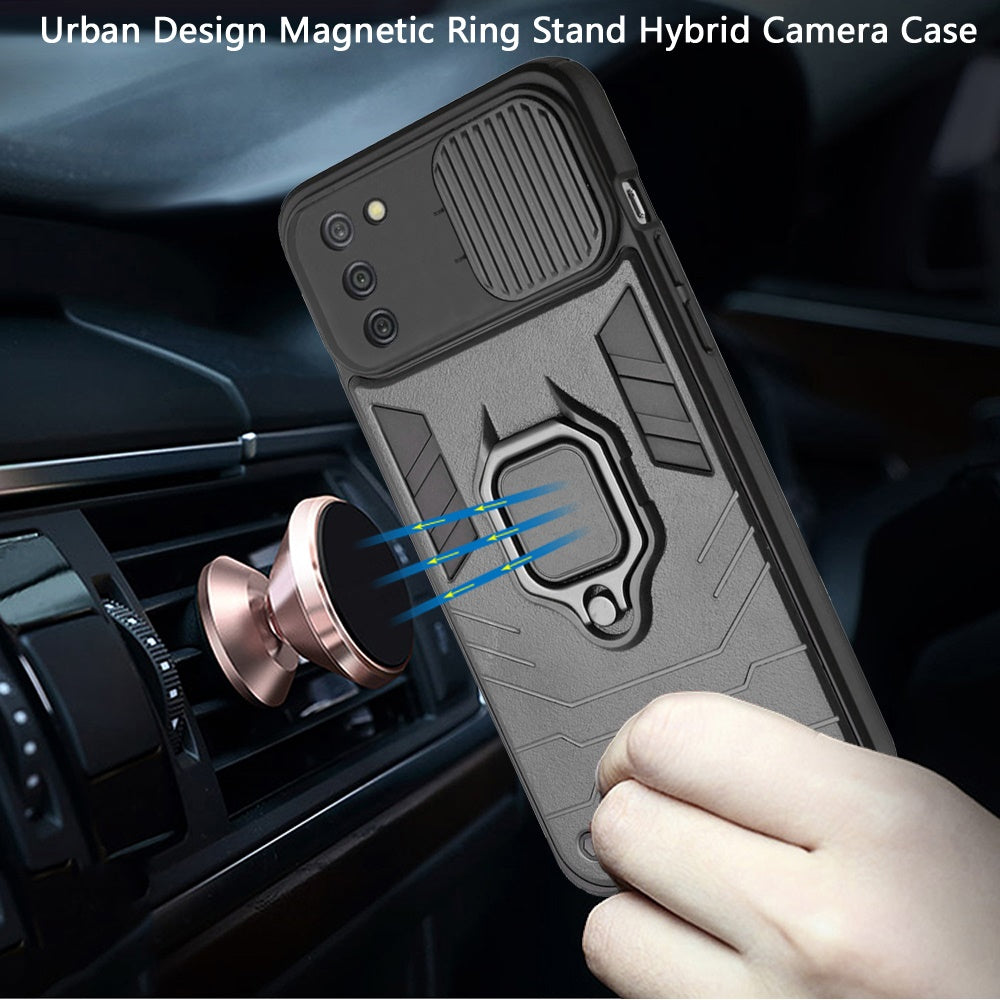 For Samsung Galaxy A02S Kickstand Hybrid with Slide Camera Protector, Built-in 360° Rotate Ring Stand Magnetic PC & TPU Bumper  Phone Case Cover