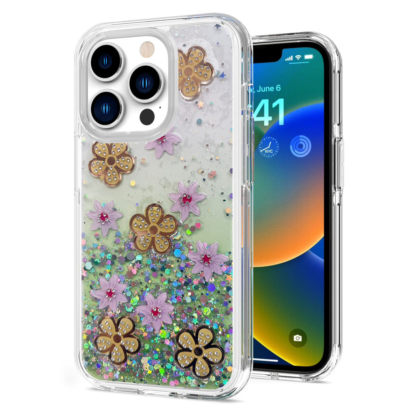 For Apple iPhone SE 3 (2022) SE/8/7 Floral Stylish Design Glitter Shiny Hybrid Rubber TPU Hard PC Shockproof Slim Fit  Phone Case Cover