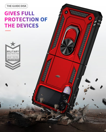 For Samsung Galaxy Z Flip 3 5G Hybrid Durable Dual Layer 360 Degree Rotatable Ring Stand Holder Kickstand Fit Magnetic Car Mount Red Phone Case Cover