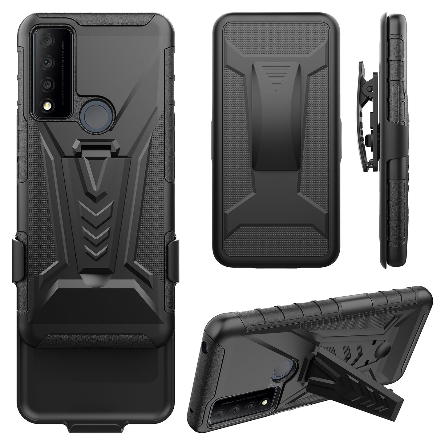 For TCL 30V 5G Combo 3 in 1 Rugged Swivel Belt Clip Holster Heavy Duty Tuff Hybrid Armor Rubber TPU with Kickstand Stand Black Phone Case Cover