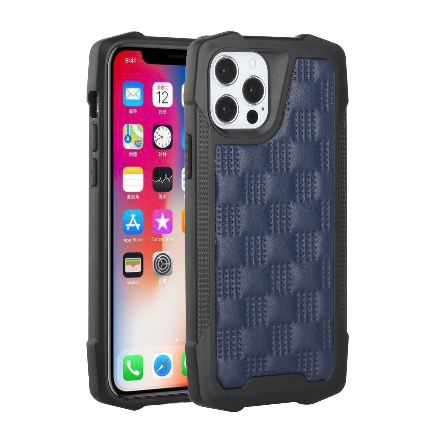 For Apple iPhone 13 Pro (6.1") PU Leather Design Lines Hybrid PC Hard Shockproof Armor Shell Bumper Soft Rubber Protection  Phone Case Cover