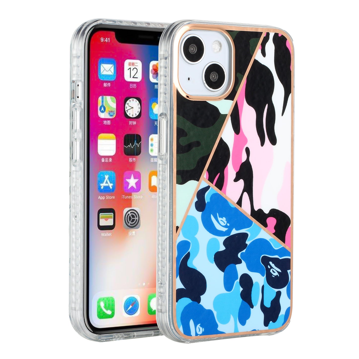 For Apple iPhone 13 /Pro Max Stylish Print Design Hybrid Protective Hard PC Rubber TPU Slim Hard Back Cover Camo Blue Pink Phone Case Cover