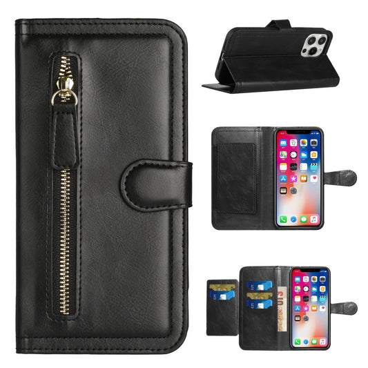 For Nokia C100 Multi Credit Card Holder Zipper Storage PU Leather Wallet Storage Pockets Double Flap Pouch Flip Stand Black Phone Case Cover