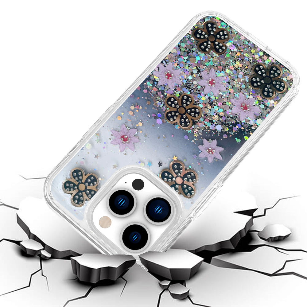 For Apple iPhone 11 (6.1") Floral Stylish Design Glitter Shiny Hybrid Rubber TPU Hard PC Shockproof Armor Slim Fit  Phone Case Cover