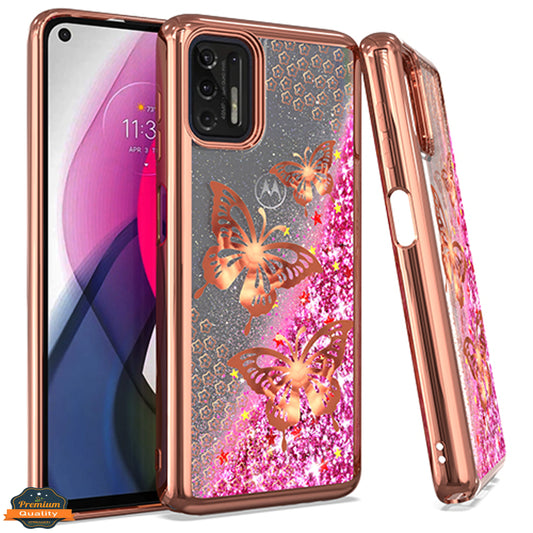 For Motorola Moto G 5G 2022 Quicksand Liquid Glitter Bling Flowing Sparkle Hybrid TPU Chrome Plating Rubber Hard PC Butterfly Phone Case Cover