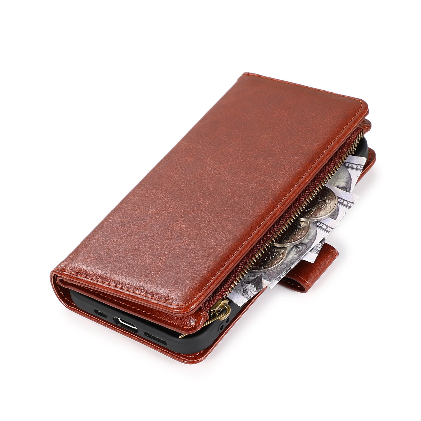 For OnePlus 10T 5G PU Leather Zipper Wallet Case 9 Credit Card Slots Cash Money Pocket Clutch Pouch Stand & Strap Brown Phone Case Cover