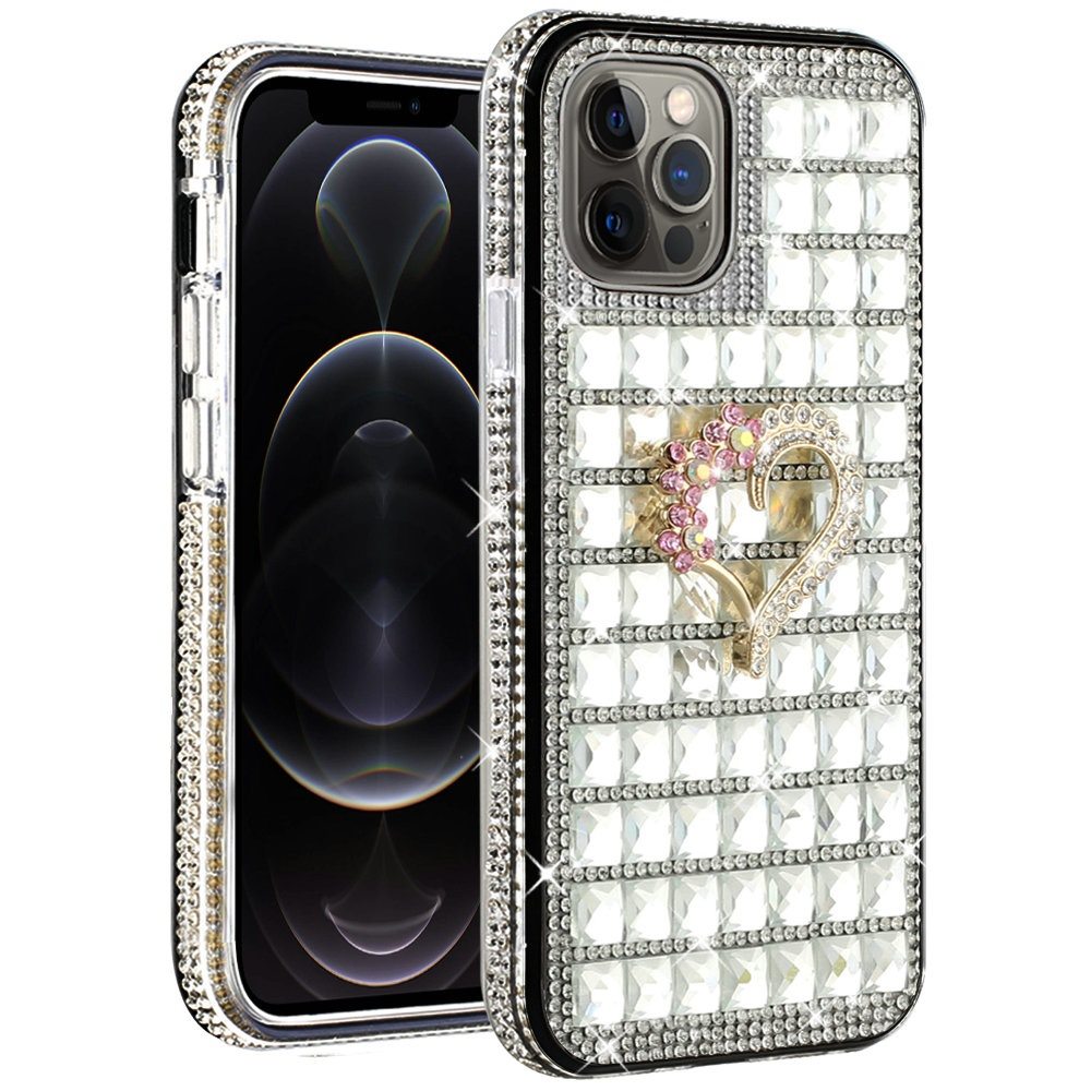 For Apple iPhone 12 /12 Pro (6.1") Fashion Luxury 3D Bling Diamonds Rhinestone Jeweled Ornament Shiny Crystal Hybrid Hard  Phone Case Cover