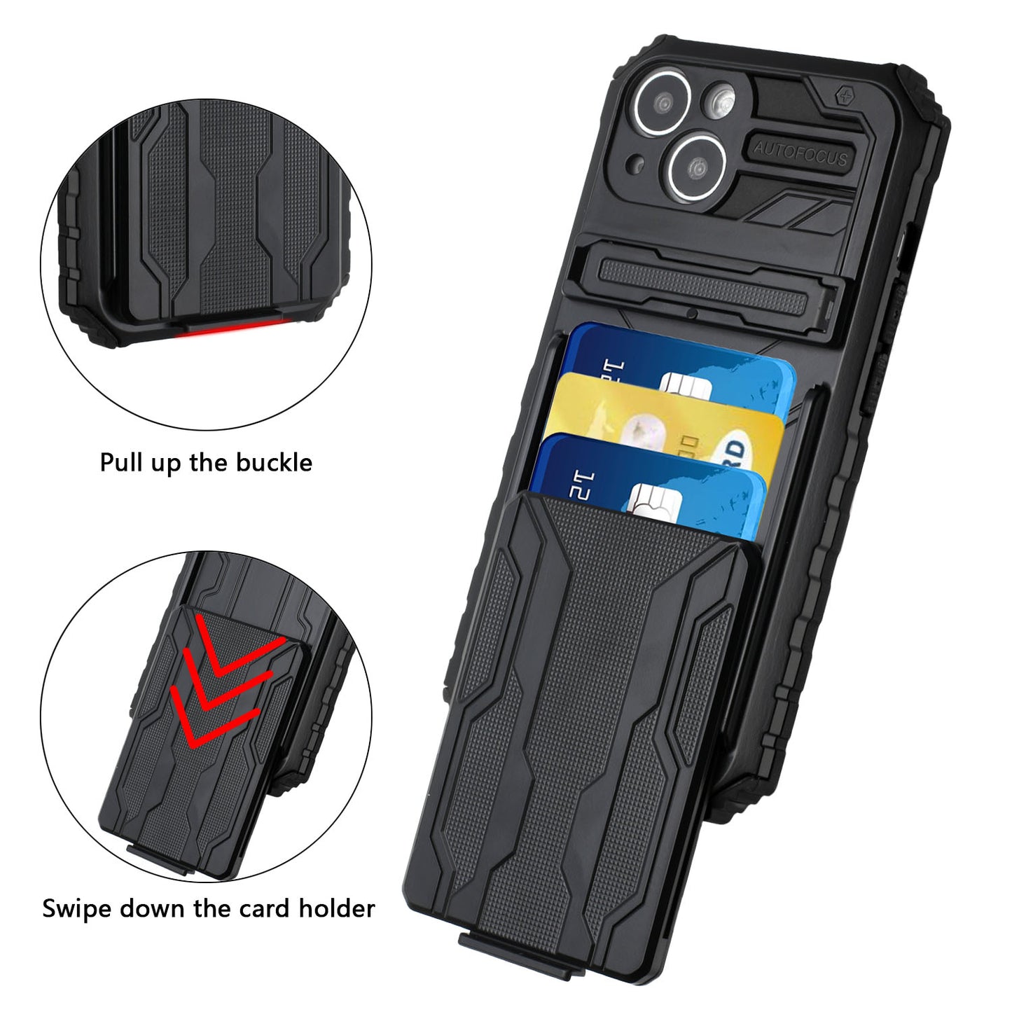 For Apple iPhone 11 (6.1") Wallet Credit Card Holder ID Slot Hidden Back Pocket with Kickstand Dual Layer Shell Hybrid Black Phone Case Cover