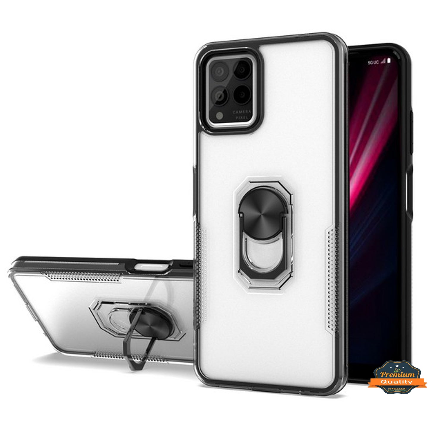 For T-Mobile Revvl 6 Pro 5G Transparent Hybrid with Ring Stand (works with Car Mount) Detachable Frame Bumper  Phone Case Cover