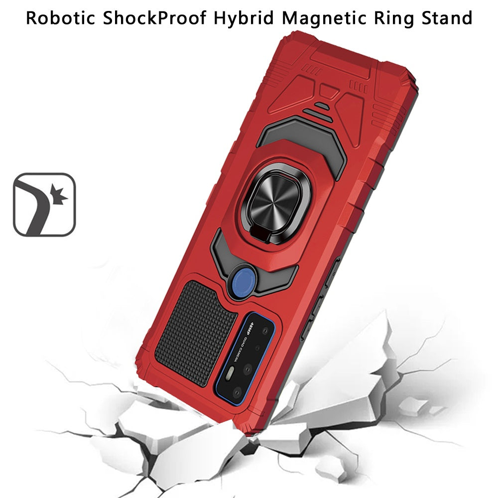 For Cricket Dream 5G Hybrid Dual Layer with Rotate Magnetic Ring Stand Holder Kickstand, Rugged Shockproof Anti-Scratch Red Phone Case Cover