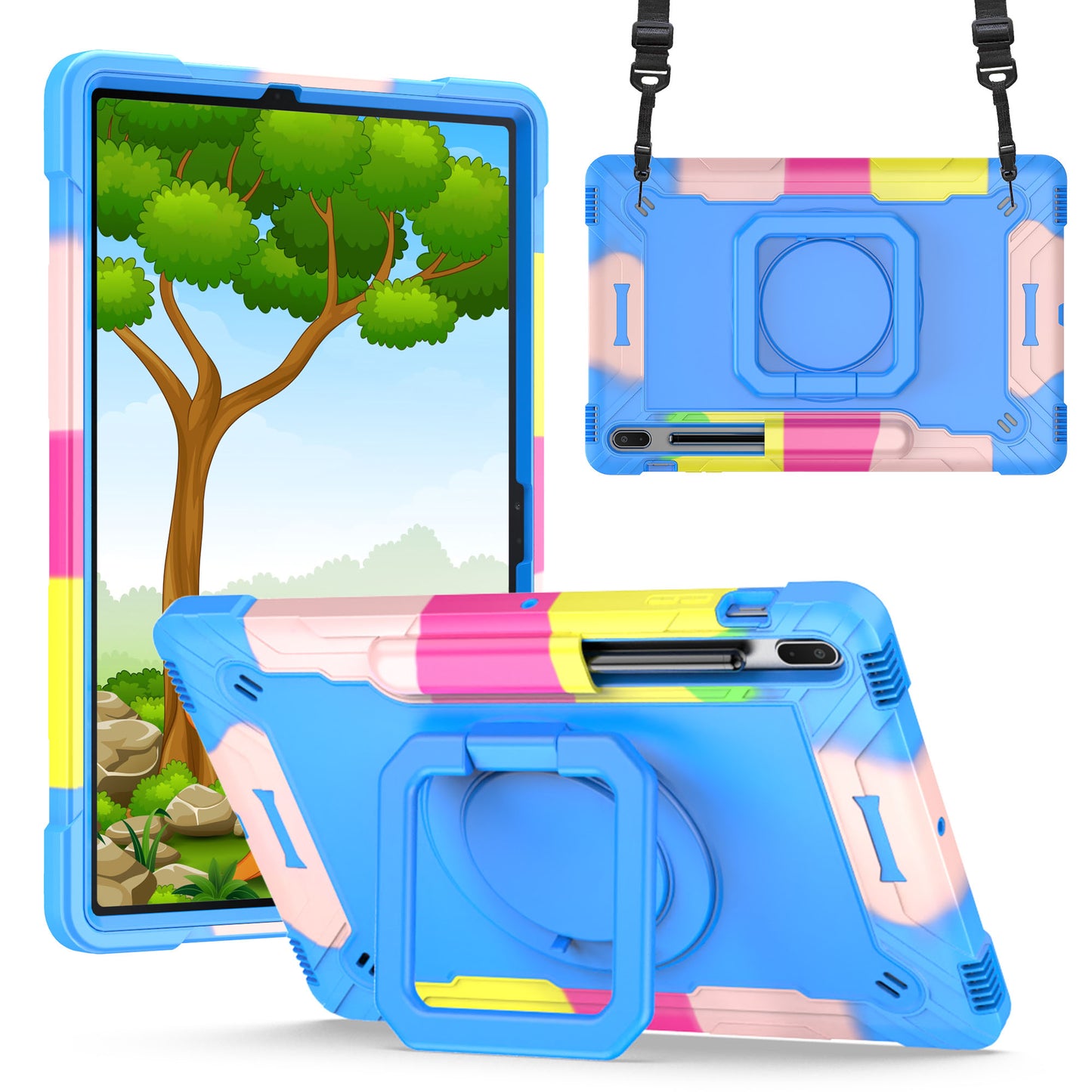 Case for Apple iPad Air 4 / iPad Air 5 / iPad Pro (11 inch) Tough Hybrid Armor 3in1 with 360 Degree Rotating Kickstand & Shoulder Strap Shockproof Rainbow /Blue Tablet Cover