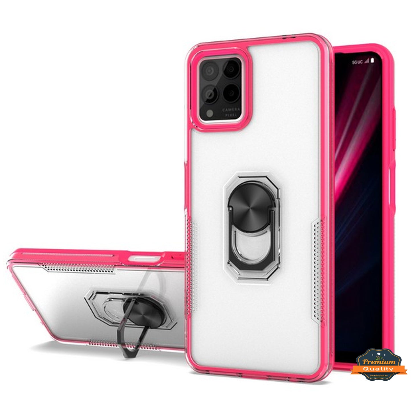 For T-Mobile Revvl 6 Pro 5G Transparent Hybrid with Ring Stand (works with Car Mount) Detachable Frame Bumper  Phone Case Cover