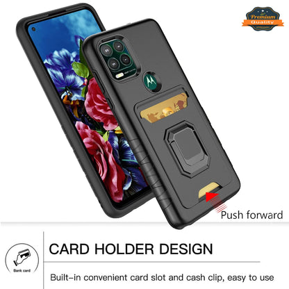 For Motorola Moto G 5G 2022 Wallet Credit Card Slot Holder with Metal Ring Kickstand Heavy Duty Shockproof Hybrid Stand  Phone Case Cover