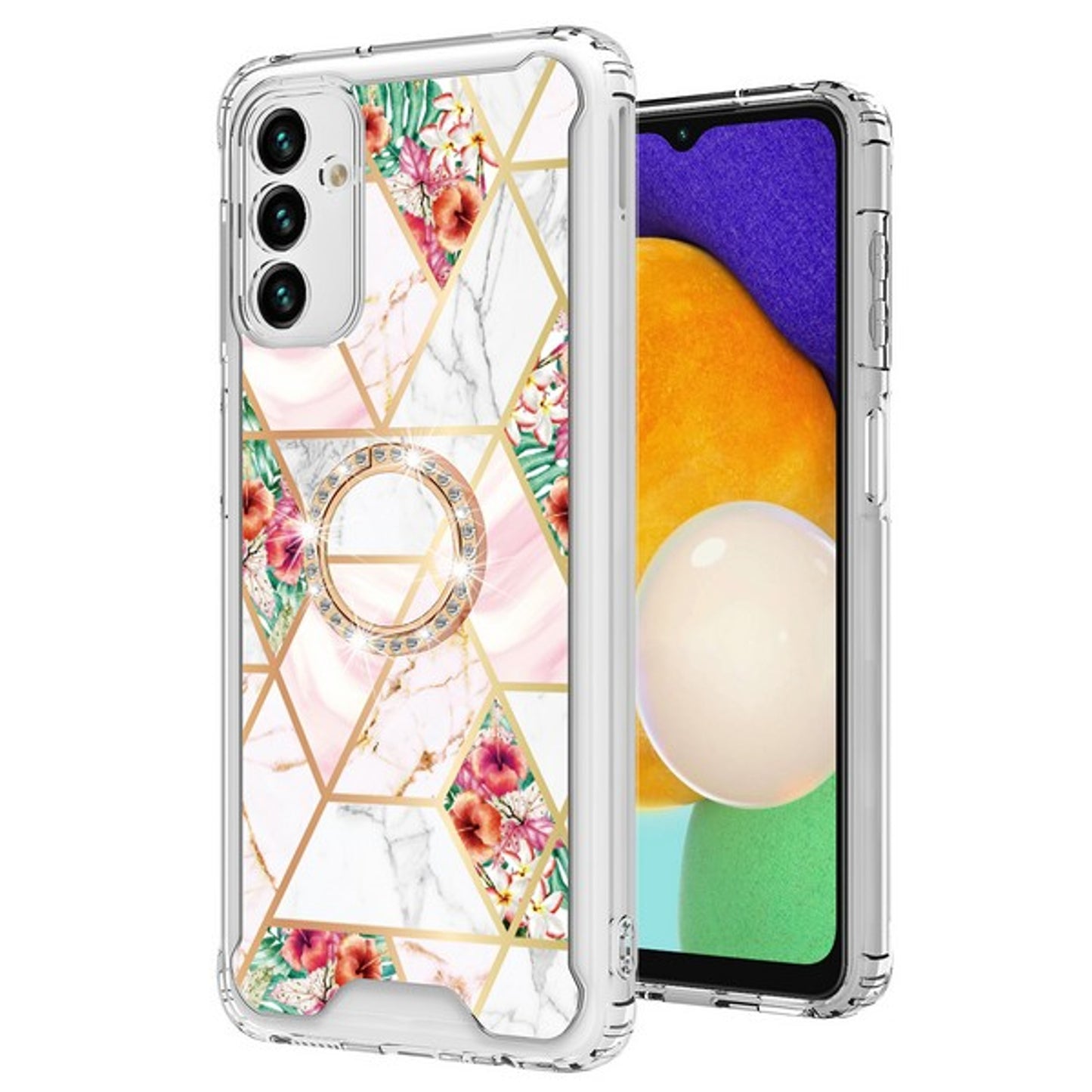 For Samsung Galaxy A13 5G Fashion Design Pattern Flowers Hybrid Ring Kickstand Bling Diamond Hard PC + TPU  Phone Case Cover