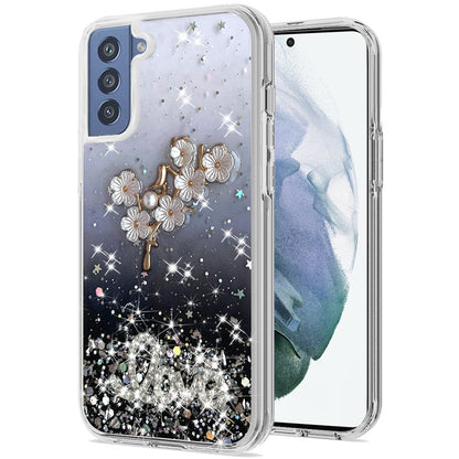 For Samsung Galaxy S22 /Plus Ultra Flowers Bling Glitter Iridescent Love Floral 3D Ornament Slim TPU Hybrid Sparkle Stars Shockproof  Phone Case Cover