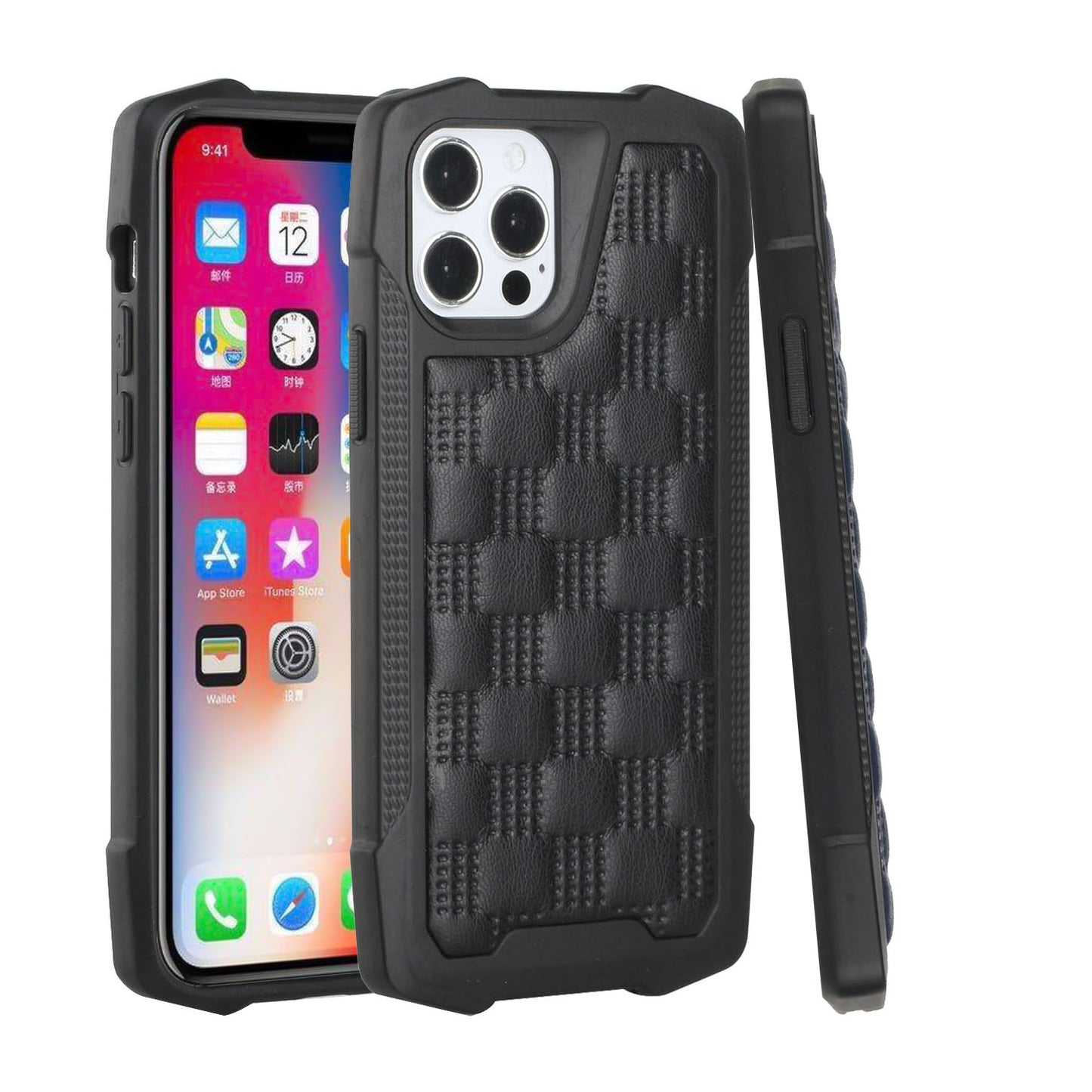 For Apple iPhone 13 Pro Max (6.7") PU Leather Design Lines Hybrid PC Hard Shockproof Armor Shell Bumper Soft Rubber Protection  Phone Case Cover