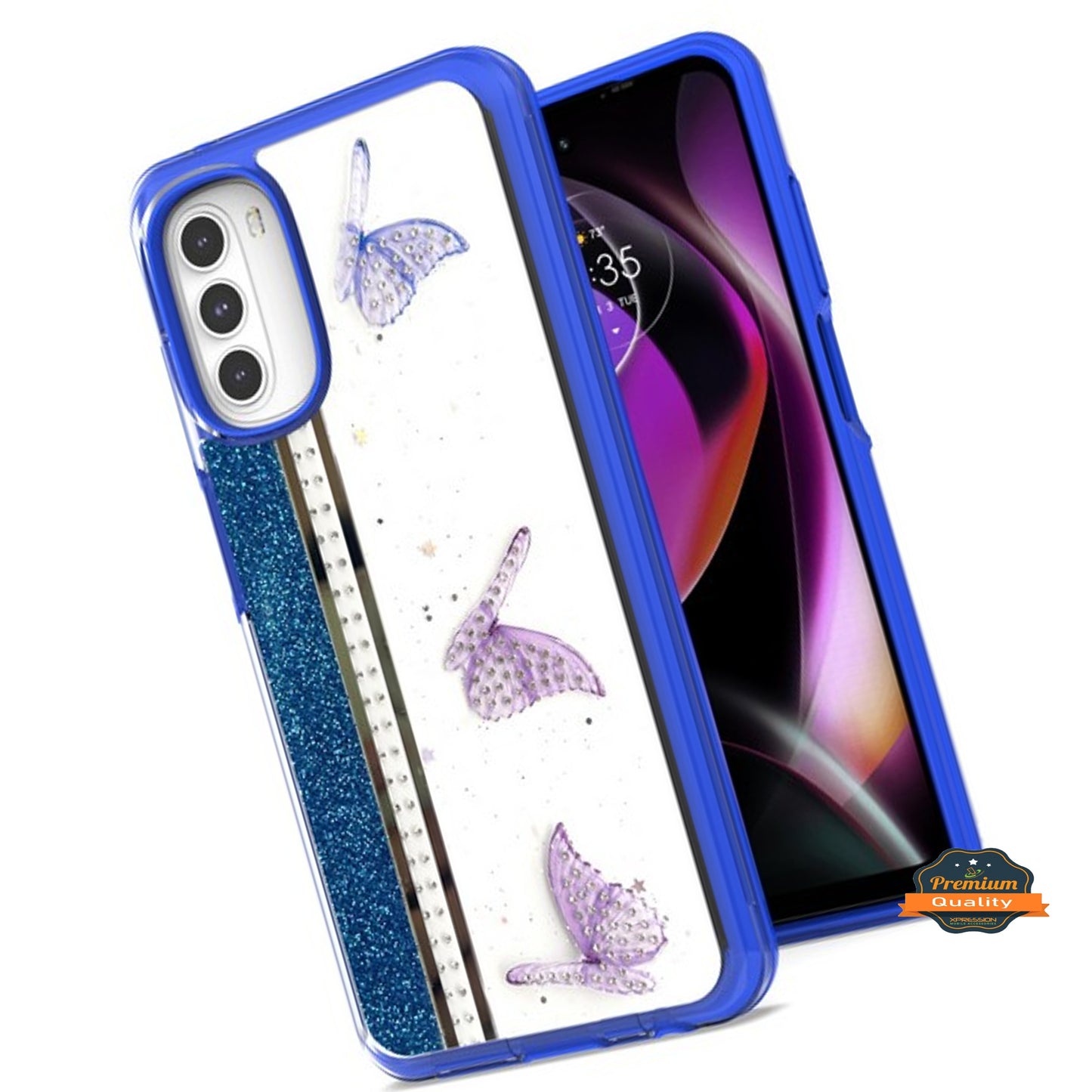 For Motorola Moto G 5G 2022 Butterflies Design Bling Glitter Shockproof Hybrid Soft TPU Frame and Hard PC Back Slim  Phone Case Cover