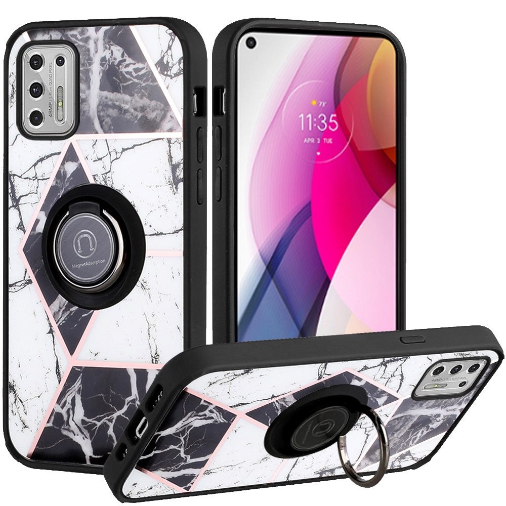 For Samsung Galaxy S22 Plus Marble Design with Magnetic Ring Kickstand Holder Hybrid TPU Hard PC Shockproof Armor Classy Black Phone Case Cover