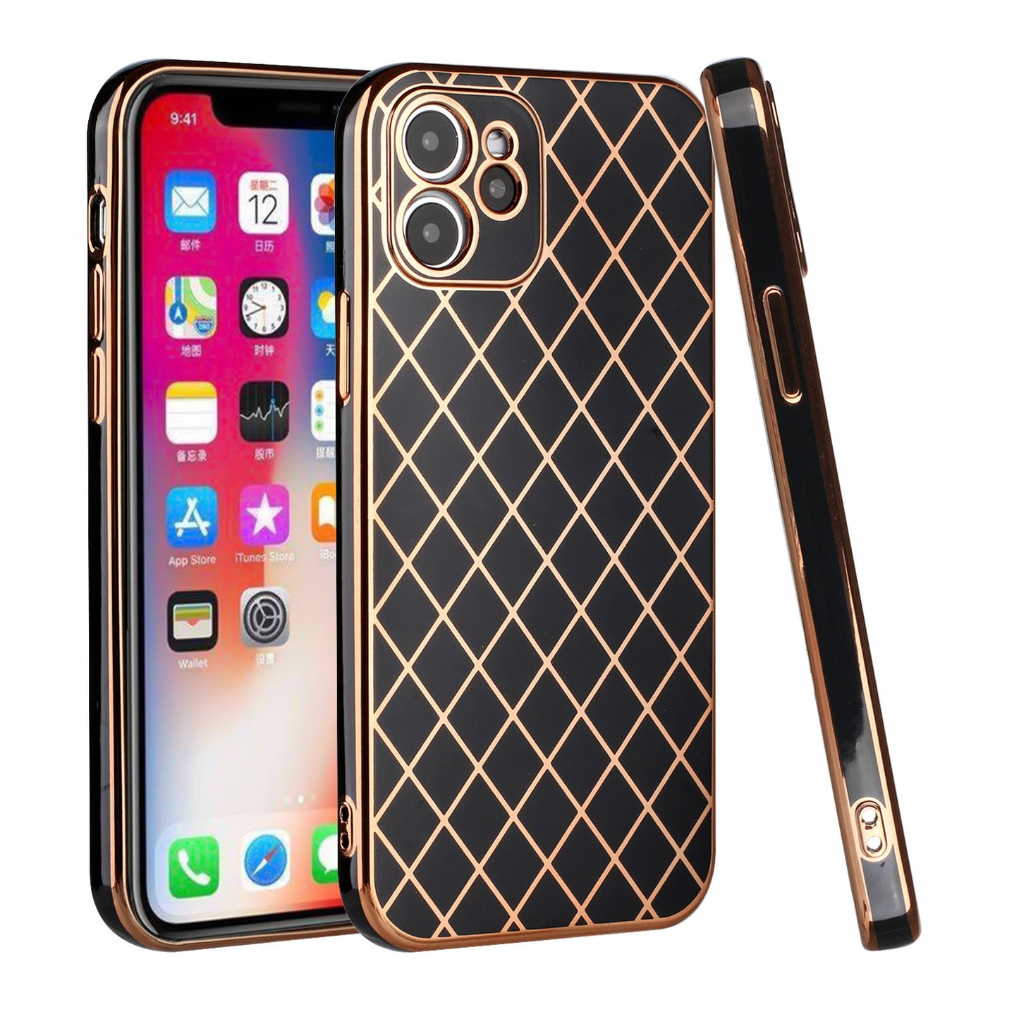 For Apple iPhone 11 (6.1") Electroplated Grid Diamond Gold Lines Fashion Hybrid Rubber TPU Hard PC Slim Fit  Phone Case Cover