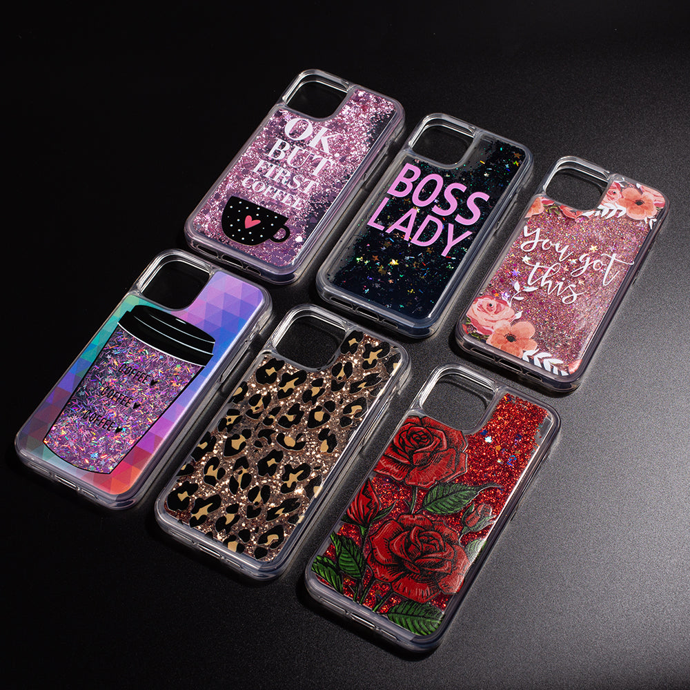 For Apple iPhone 13 /Pro Max Mini Hybrid Bling Luxury Fashion Design Flowing Liquid Glitter Floating Quicksand Sparkle Glitter Soft TPU + PC  Phone Case Cover