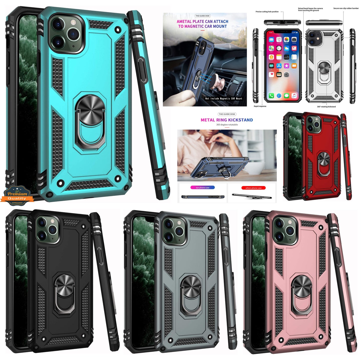 For Apple iPhone XR (6.1") Shockproof Hybrid Dual Layer Hard PC TPU with Ring Stand Kickstand Heavy Duty Armor Shell  Phone Case Cover