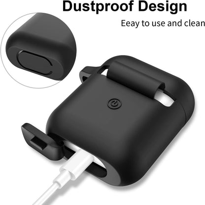 For Apple AirPods 2 & 1 Full Protective Silicone TPU Skin Accessories with Keychain [Front LED Visible] Hybrid Shockproof Black