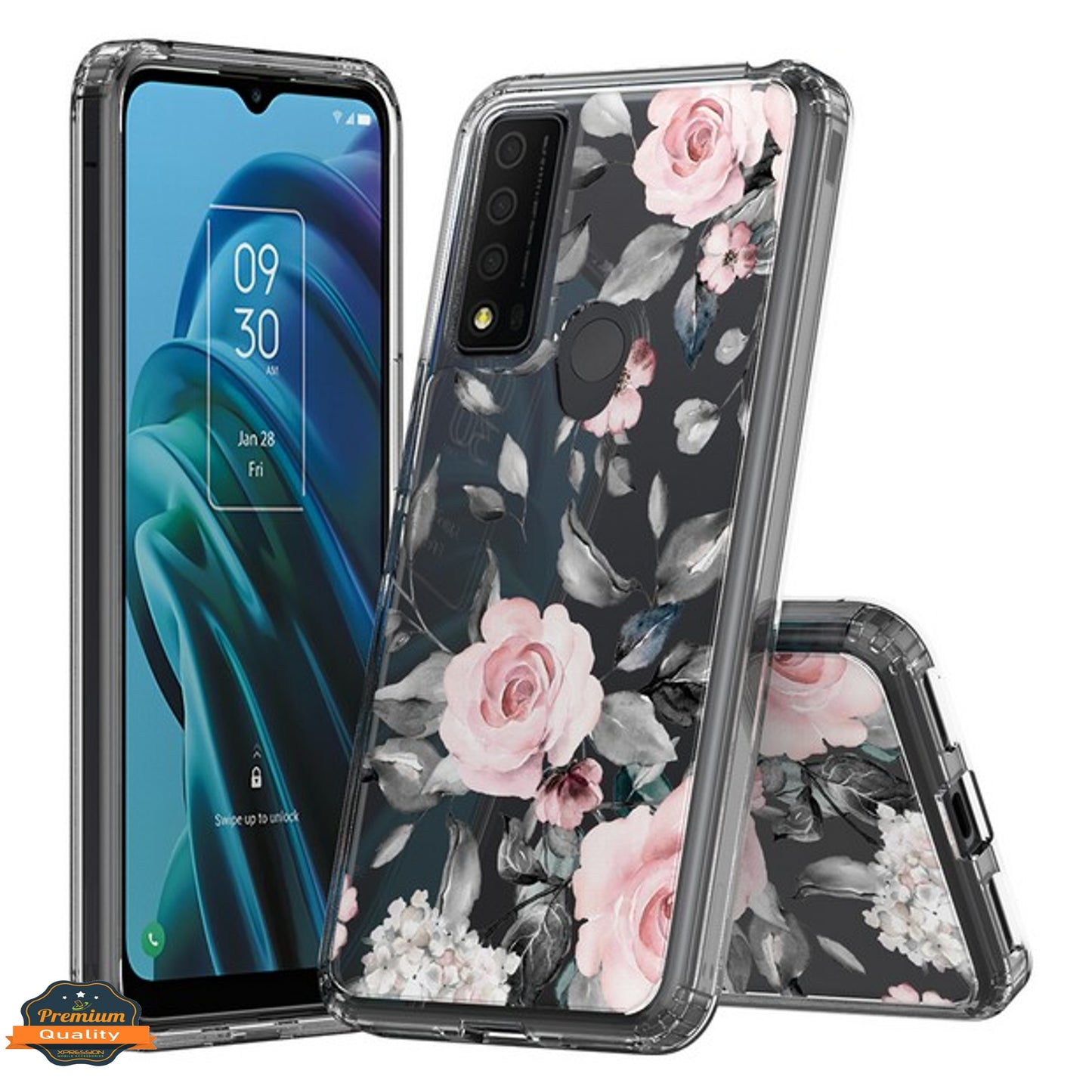 For TCL REVVL V Plus 5G Floral Patterns Design Transparent TPU Silicone Shock Absorption Bumper Hard PC Back  Phone Case Cover