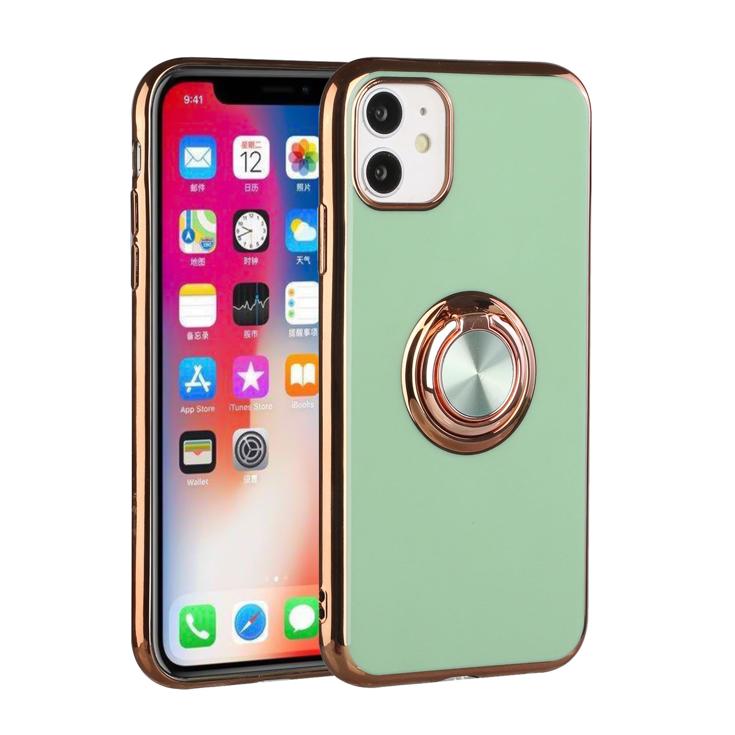 For Apple iPhone 11 (6.1") Slim Hybrid Metal Finger Ring Stand Electroplated Edges TPU Frame Shock-Absorption Bumper  Phone Case Cover