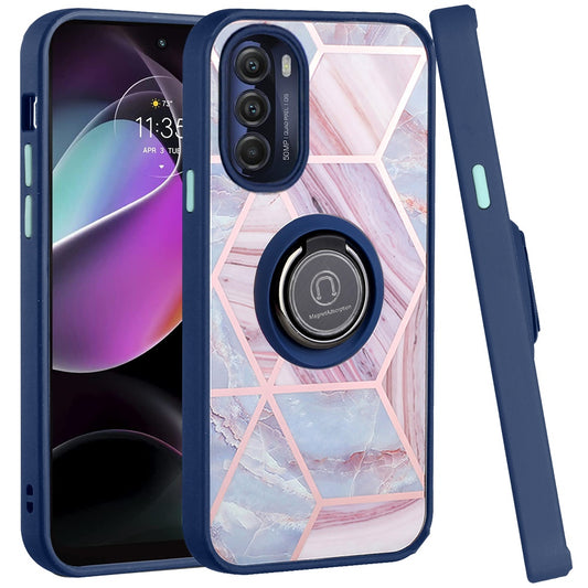 For Motorola Moto G 5G 2022 Marble Design with Magnetic Ring Kickstand Holder Hybrid TPU Hard PC Shockproof Armor Blue Pink Phone Case Cover