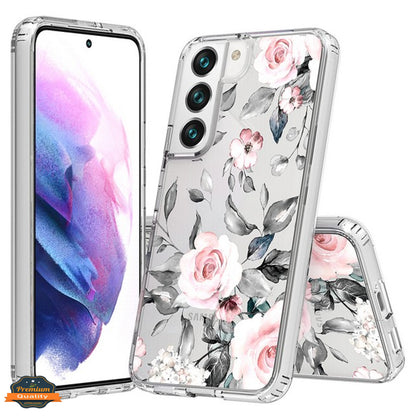 For Samsung Galaxy S22 Floral Patterns Design Transparent Soft TPU Silicone Shock Absorption Bumper Slim Hard PC Back  Phone Case Cover