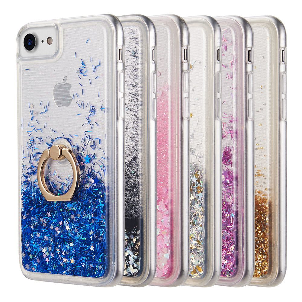 For Apple iPhone SE 3 (2022) Hybrid Glitter Bling Sparkling Liquid Quicksand TPU Rubber PC with Ring Stand Holder Kickstand  Phone Case Cover