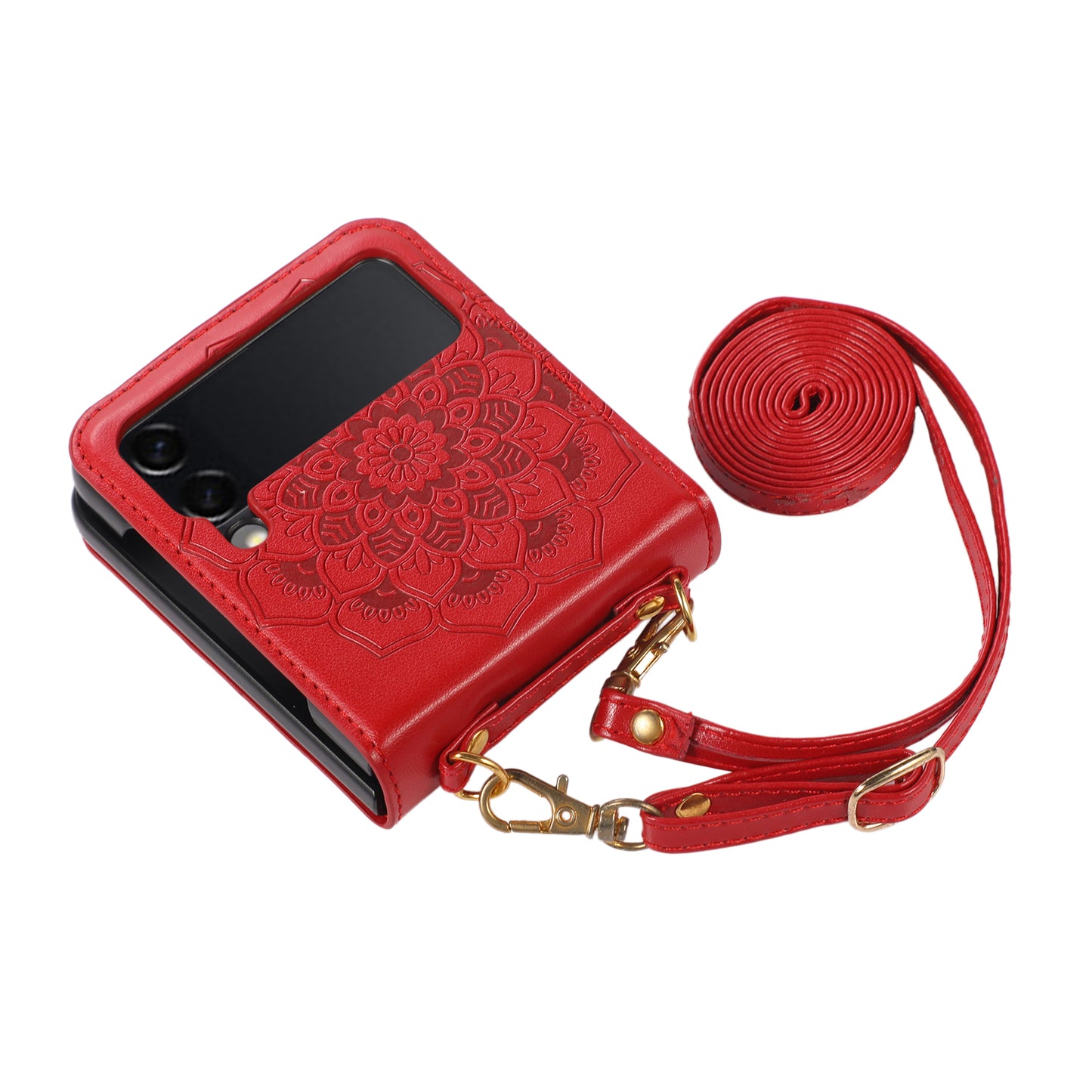 For Samsung Galaxy Z Flip 3 5G Embossed Floral Henna Mandala Design PU Leather with Strap Lanyard Slim Fit Hybrid  Phone Case Cover