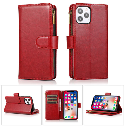 For OnePlus 10T 5G Leather Zipper Wallet Case 9 Credit Card Slots Cash Money Pocket Clutch Pouch with Stand & Strap Red Phone Case Cover