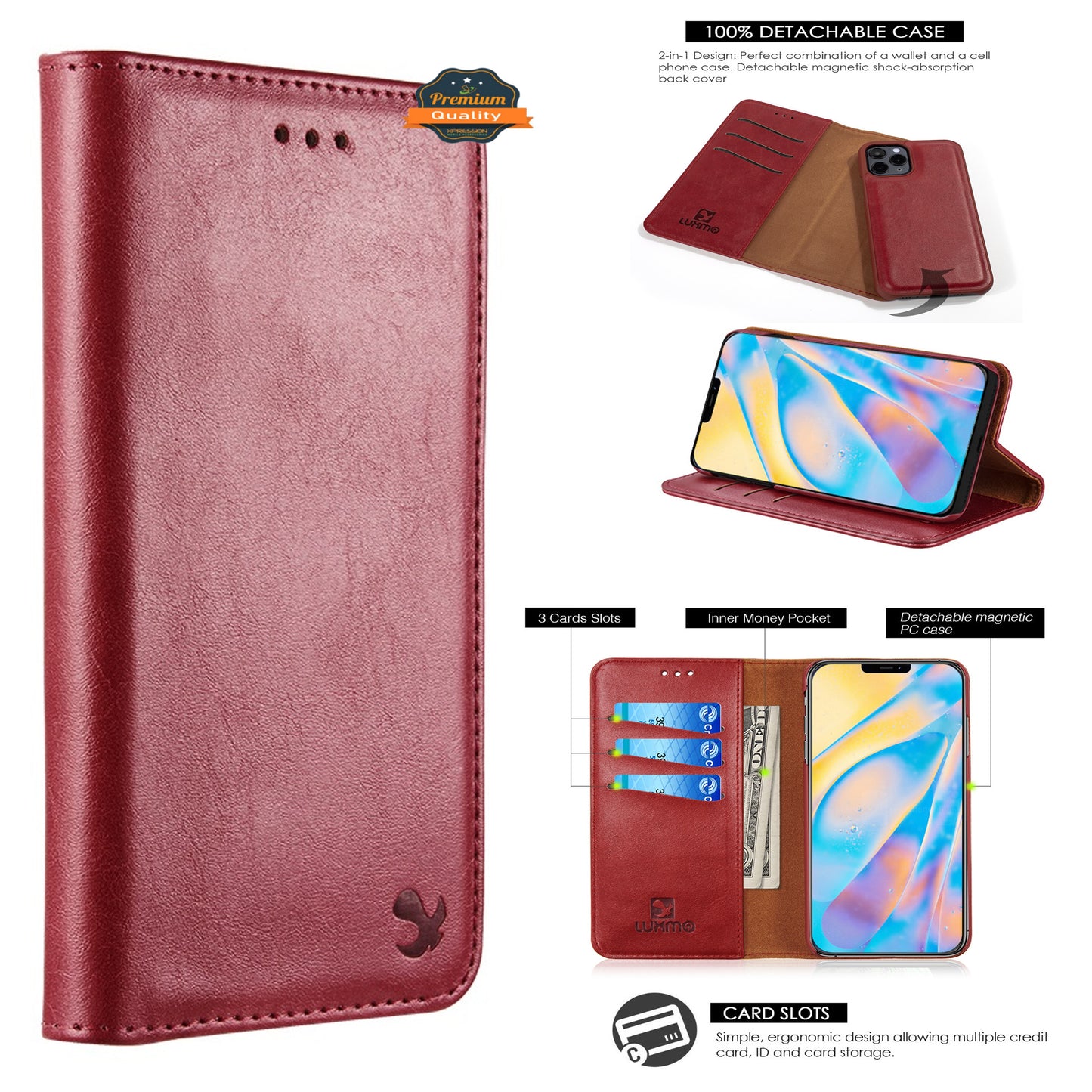 For Samsung Galaxy S22 /Plus Ultra Luxury PU Leather Wallet Pouch Magnetic Detachable with Credit Card Slots Removable Flip Kickstand  Phone Case Cover