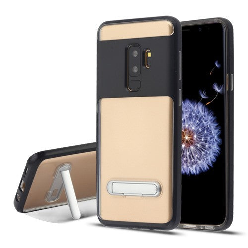 For Samsung Galaxy S9 Plus Hybrid Transparent Rubber Gummy Hard PC with Metal Kickstand Protective Clear Black Phone Case Cover