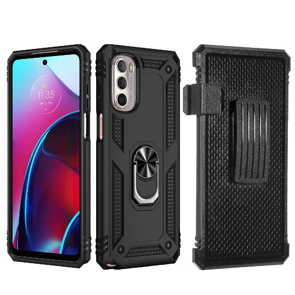 For Motorola Moto G Stylus 5G 2022 Hybrid 3in1 Holster Combo Belt Clip Armor Rugged with Ring Kickstand Shock-Absorption Black Phone Case Cover