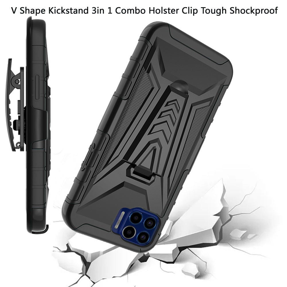 For Motorola Moto G 5G UW (Verizon) 3 in 1 Rugged Belt Clip Holster Heavy Duty Hybrid Tough Armor Rubber with Kickstand Stand Black Phone Case Cover