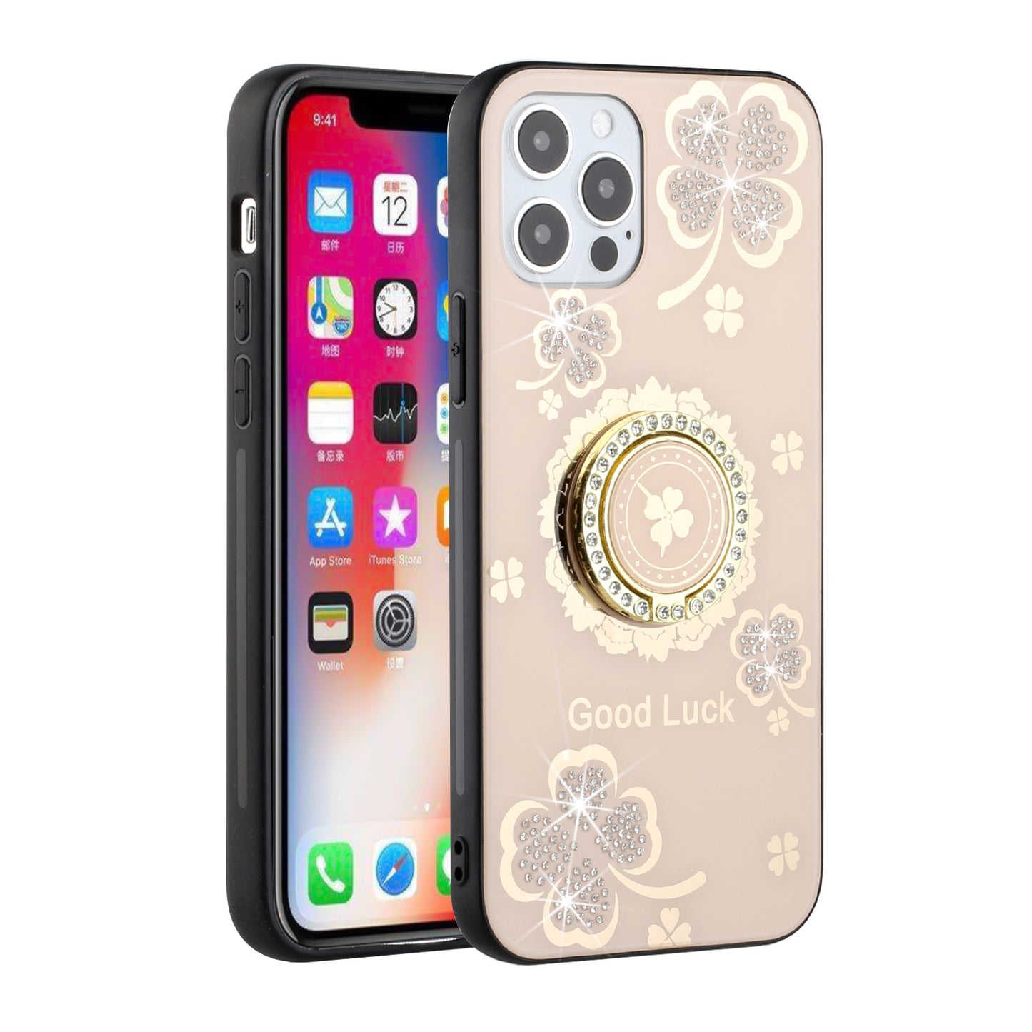 For OnePlus Nord N20 5G Diamond Bling Sparkly Glitter Ornaments Hybrid with Ring Kickstand Rugged Fashion Gold Good Luck Floral Phone Case Cover