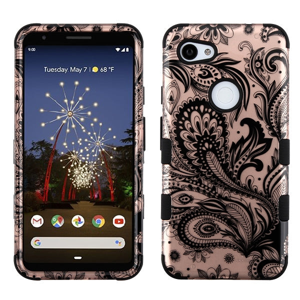 For Google Pixel 3A XL Hybrid Three Layer Hard PC Shockproof Heavy Duty TPU Rubber Anti-Drop Phoenix Flower Phone Case Cover