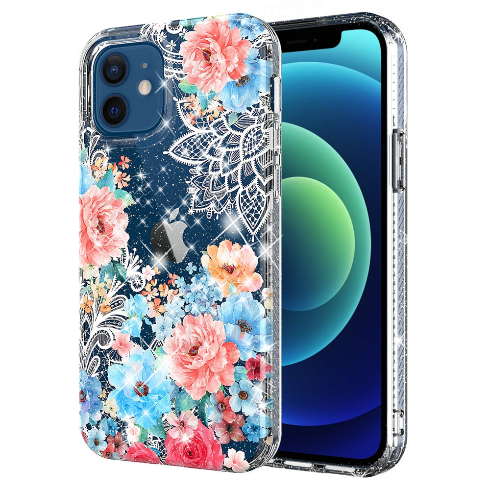 For Apple iPhone 8 /7/6s/6 /SE 2nd Generation Slim Hybrid Shiny Glitter Clear Floral Pattern Bloom Flower Design Hard PC  Phone Case Cover