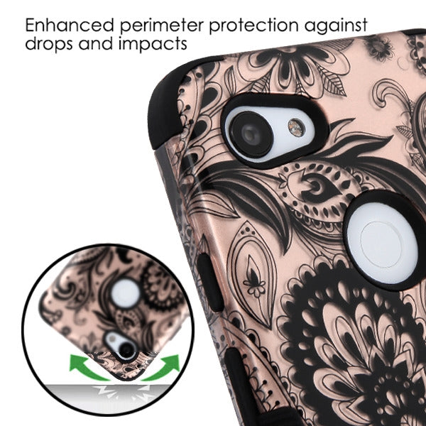 For Google Pixel 3A XL Hybrid Three Layer Hard PC Shockproof Heavy Duty TPU Rubber Anti-Drop Phoenix Flower Phone Case Cover