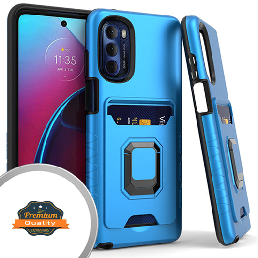 For Motorola Edge+ 2022 /Edge Plus Wallet Credit Card Slot with Ring Kickstand Heavy Duty Shockproof Hybrid Magnetic Stand Blue Phone Case Cover