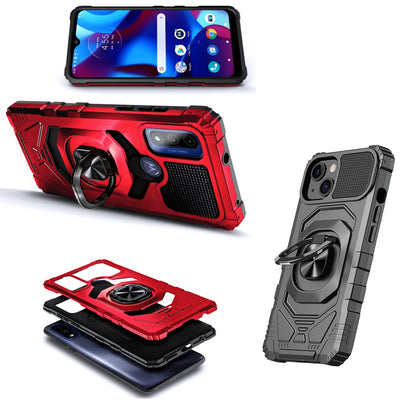 For T-Mobile Revvl 6 5G Armor Hybrid Stand Ring Hard TPU Rugged Full-Body [Military-Grade] Magnetic Car Ring Holder Red Phone Case Cover