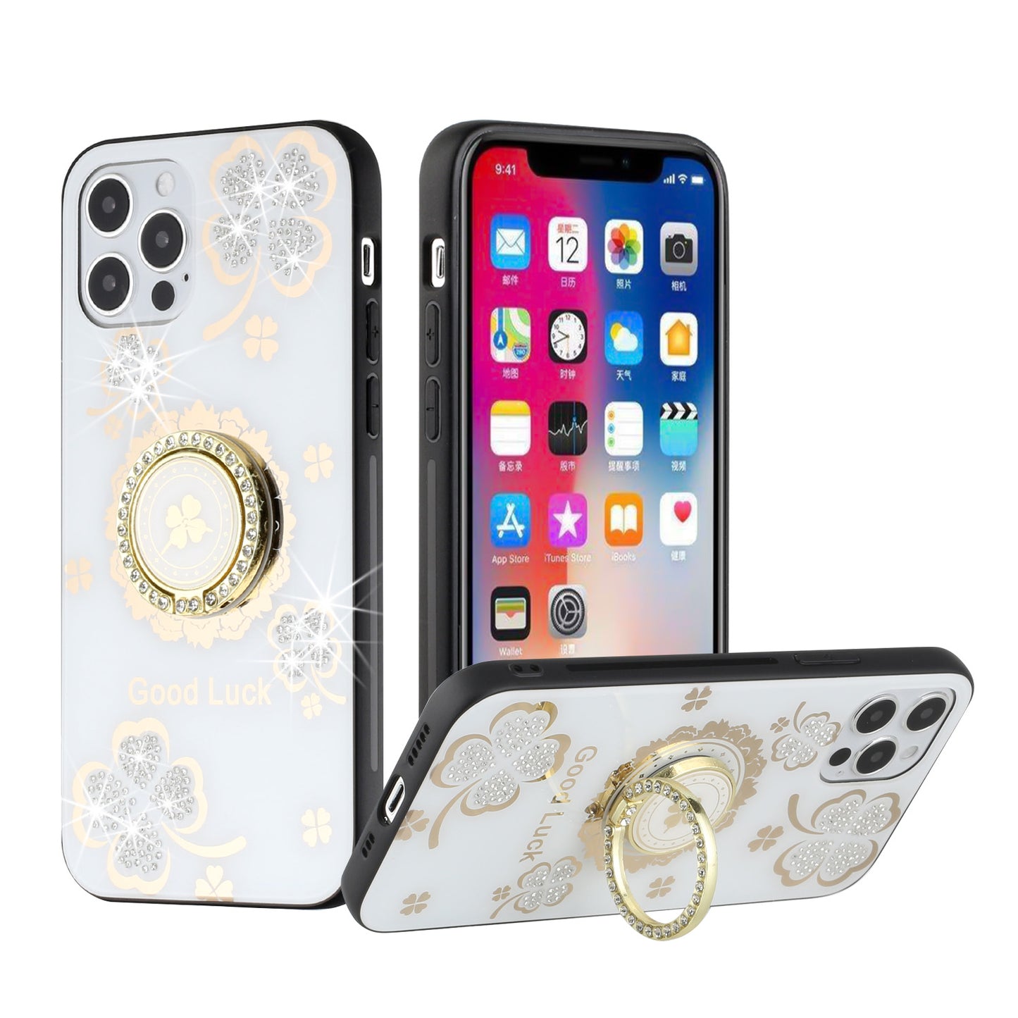 For OnePlus Nord N20 5G Diamond Bling Sparkly Glitter Ornaments Hybrid with Ring Kickstand Rugged Fashion White Good Luck Floral Phone Case Cover