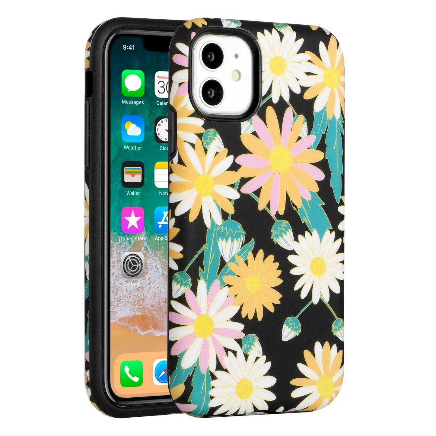 For Apple iPhone 11 (6.1") Bliss Floral Stylish Design Hybrid Rubber TPU Hard PC Shockproof Armor Rugged Slim Fit  Phone Case Cover