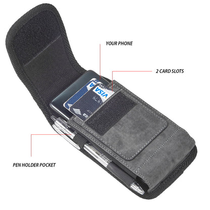 Universal Vertical Nylon Cell Phone Holster Case with Dual Credit Card Slots, Belt Clip Pouch and Belt Loop for Apple iPhone Samsung Galaxy LG Moto All Mobile phones Size 6.3" Universal Nylon [Black Denim]