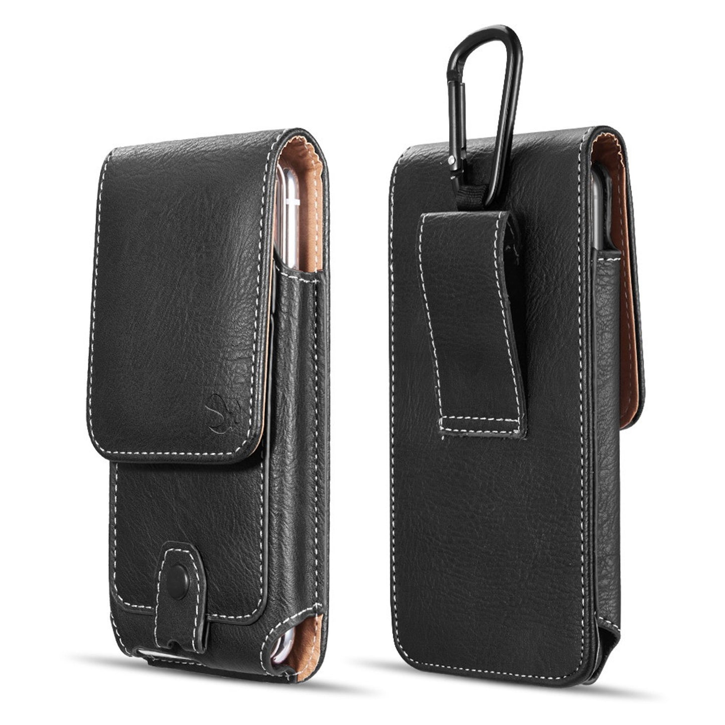 For Nokia C200 Universal Vertical Leather Case Holster with Credit Card Holder, Belt Loop & Carabiner Carrying Phone Pouch [Black]