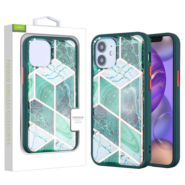 For Apple iPhone 12 Mini (5.4) Marble Stylish Design Hybrid Rubber TPU Hard PC Shockproof Armor Rugged Slim Green Marbling Phone Case Cover