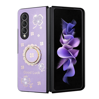 For Samsung Galaxy Z Fold 3 5G Diamond Bling Sparkly 3D Ornaments Engraving Hybrid Ring Stand Holder Fashion  Phone Case Cover