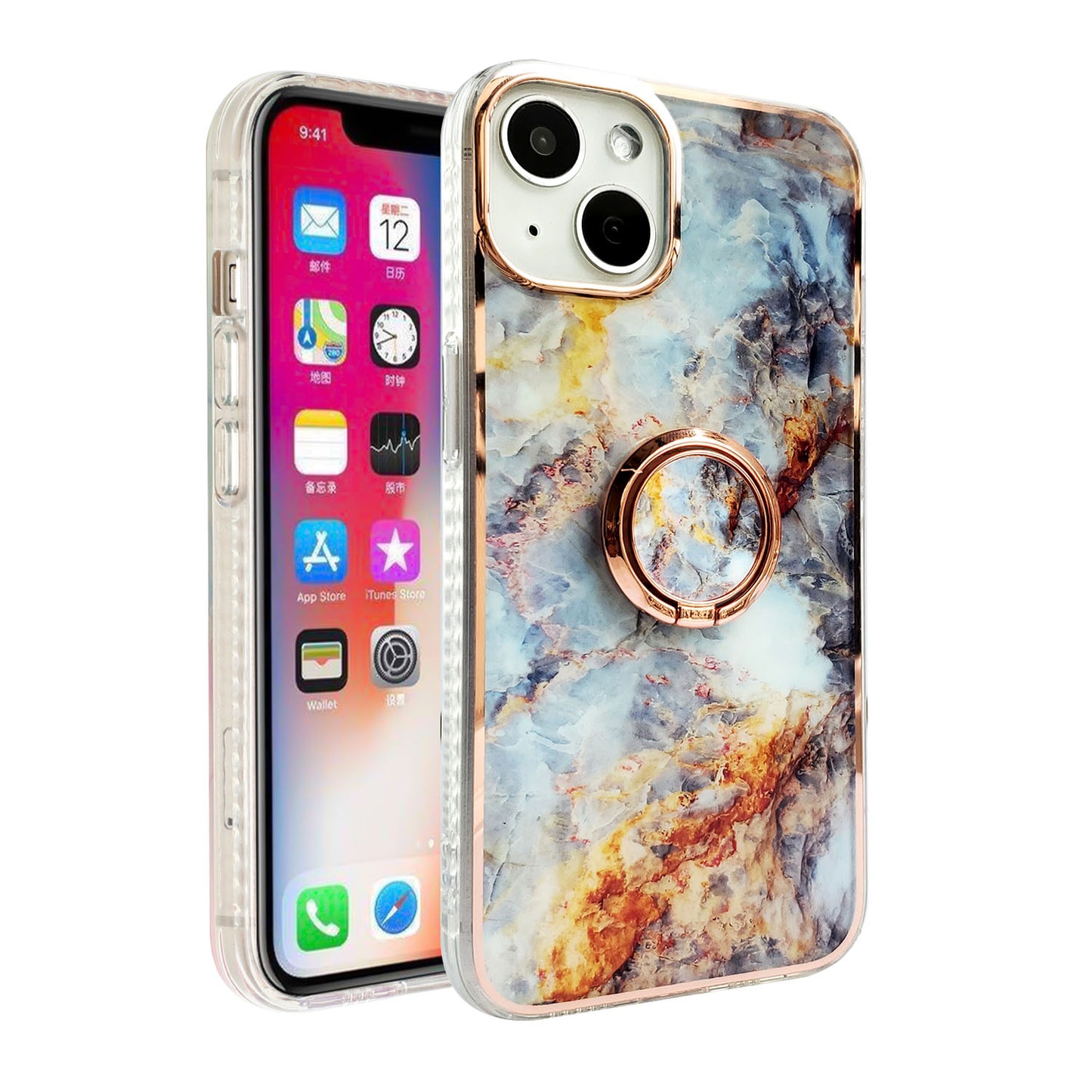 For Apple iPhone 11 (6.1") Pattern Fashion Design Chromed Edge IMD with Ring Kickstand Hybrid TPU Hard Back  Phone Case Cover